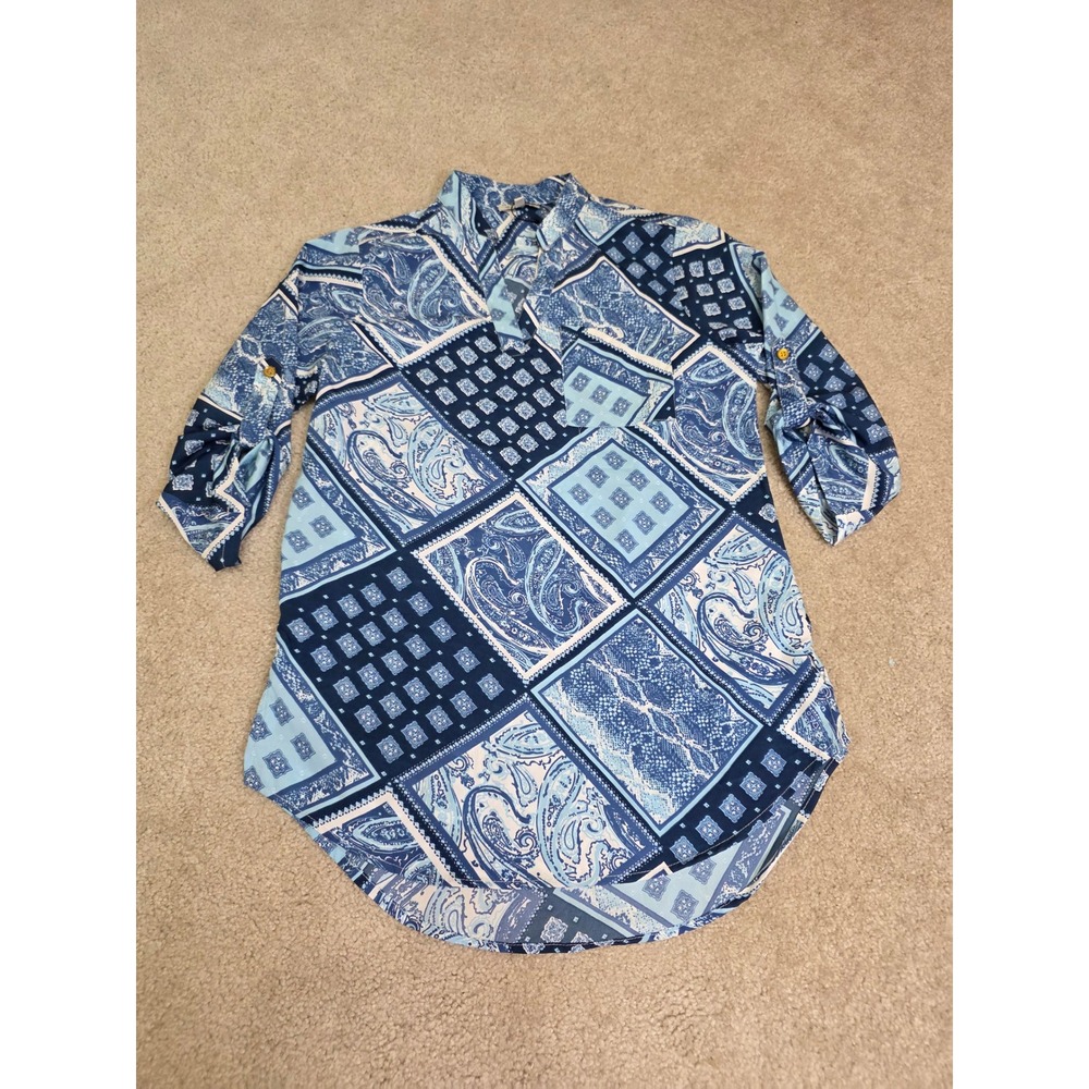 Mileage Blue Paisley Patchwork Roll Tab Sleeve Tunic Blouse Top Medium NWT